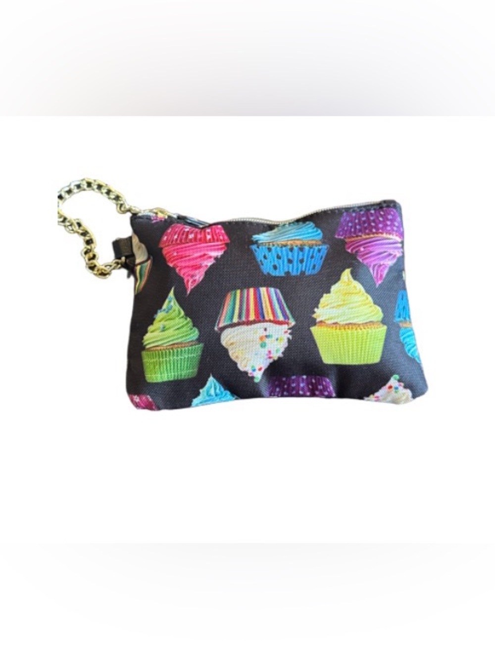 Betsey Johnson Black Cupcake Print Wristlet with Gold Chain